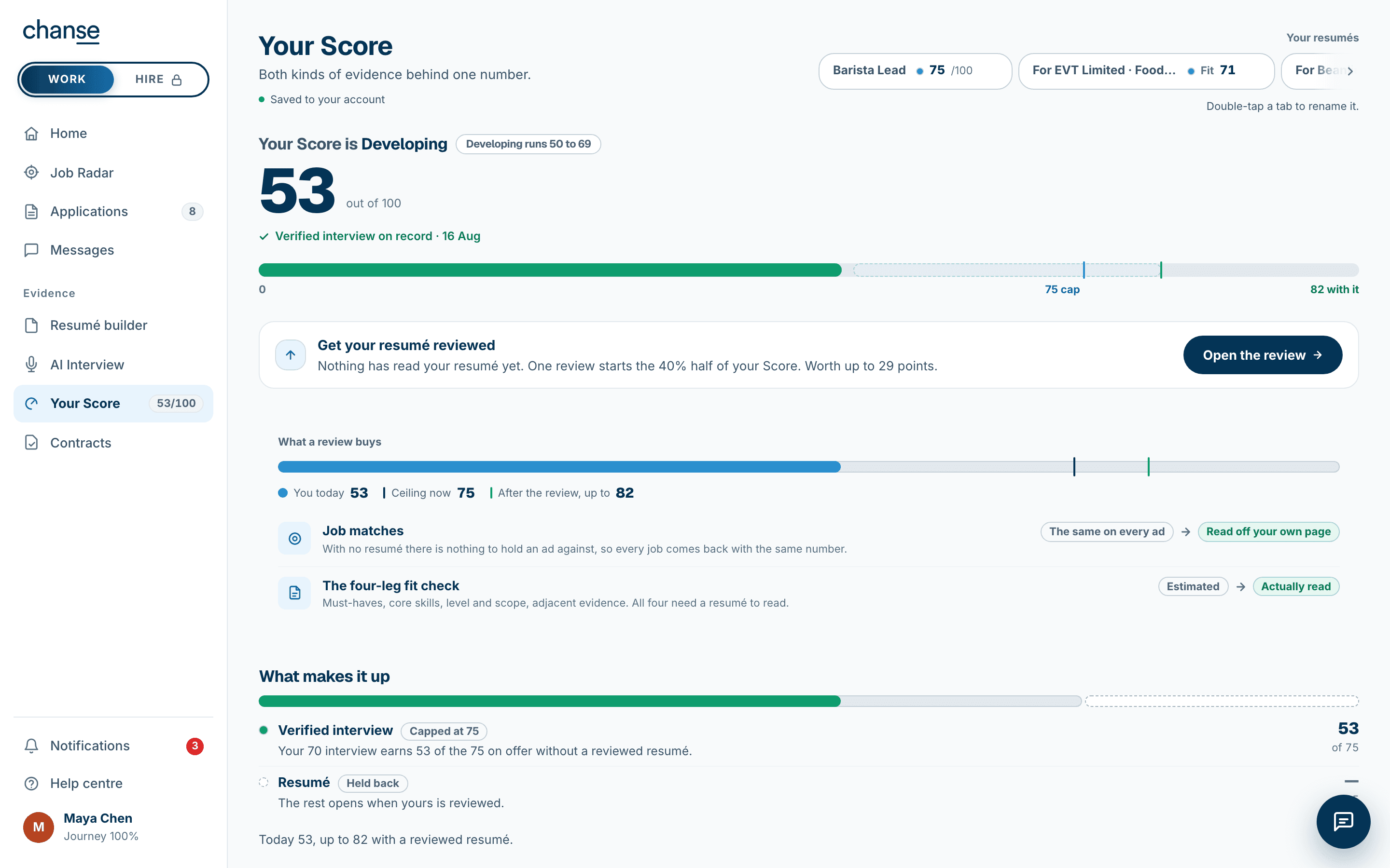 The live Your Score page: 53 on record in the Developing band, a verified interview on record, and up to 82 with the resumé review.