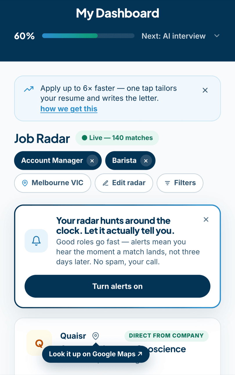 Chanse on a phone — the Job Radar live with 140 matches