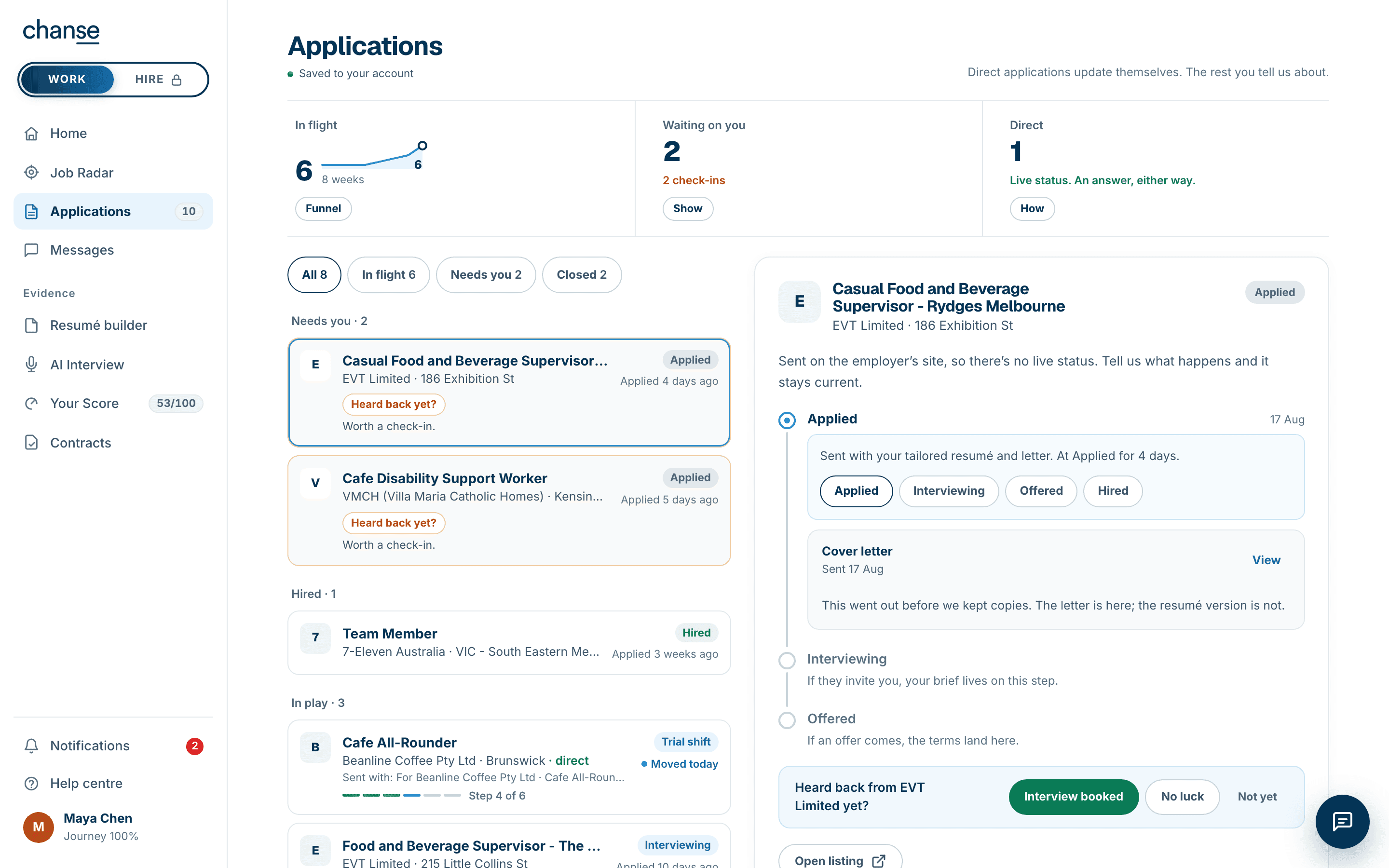 The live Applications page: six in flight, the funnel tiles, and every application stamped with its stage and date.