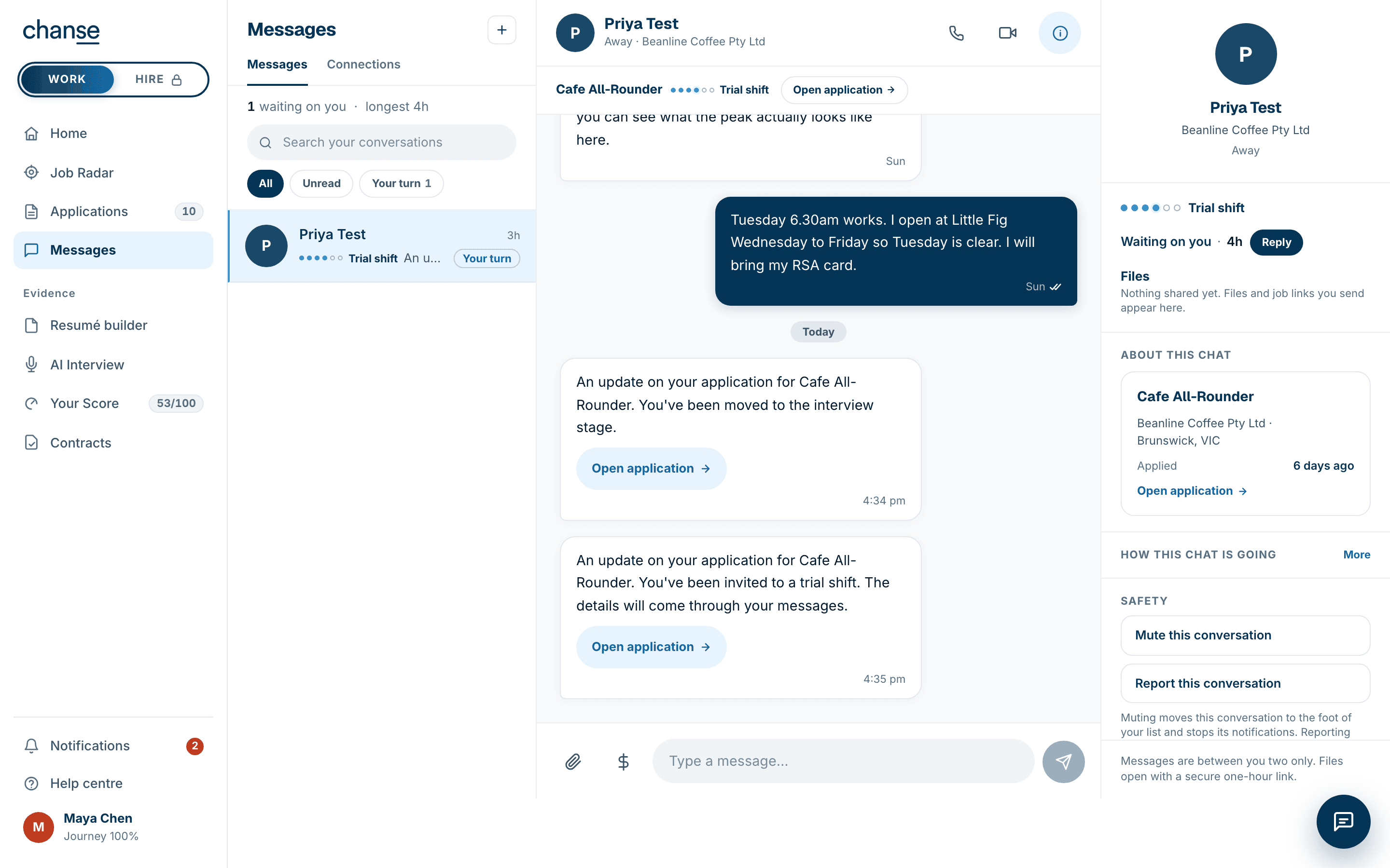 The live Messages page: a thread with Beanline Coffee open at the trial-shift stage, four of six stage dots filled, and a reply agreeing to a Tuesday 6.30am trial.